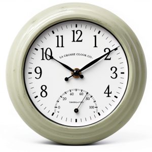 La Crosse Clock 433-3020 8-inch Indoor/Outdoor Sage Green Quartz Wall Clock with Temperature-0