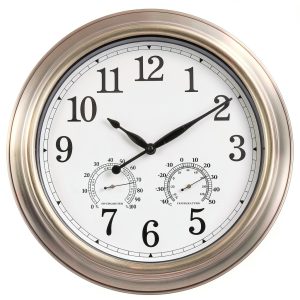 16 Inch Outdoor Clock Thermometer Combo, Bronze Metal-Frame Outdoor Clocks Waterproof, Silent Outdoor Wall Clock for Patio Pool-0