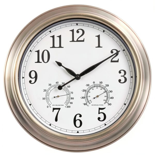 16 Inch Outdoor Clock Thermometer Combo, Bronze Metal-Frame Outdoor Clocks Waterproof, Silent Outdoor Wall Clock for Patio Pool-0