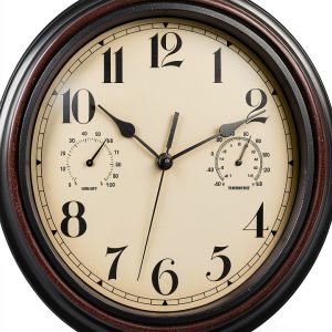 Foxtop Indoor Outdoor Waterproof Wall Clock with Thermometer and Hygrometer Combo, 12 inch Retro Silent Non-Ticking Battery Operated Quality Quartz Round Clock for Patio Home Decor (Bronze)-0