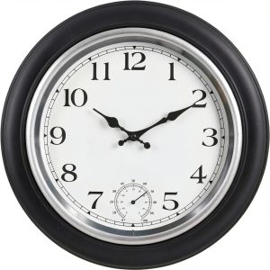 JoFomp Large Waterproof Outdoor Clock with Thermometer Combo - 18 inch Silent Non Ticking Quartz Battery Operated Wall Clock for Patio, Home, Pool, Garden, Porch, Deck (Silver, 18 Inch)-0