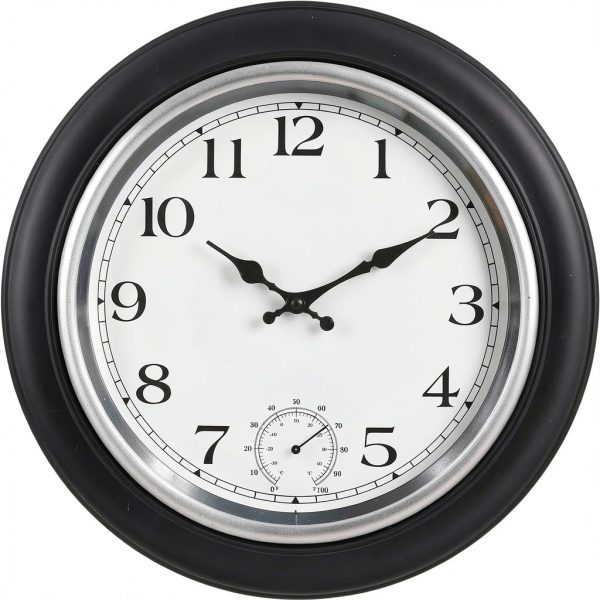 JoFomp Large Waterproof Outdoor Clock with Thermometer Combo - 18 inch Silent Non Ticking Quartz Battery Operated Wall Clock for Patio, Home, Pool, Garden, Porch, Deck (Silver, 18 Inch)-0