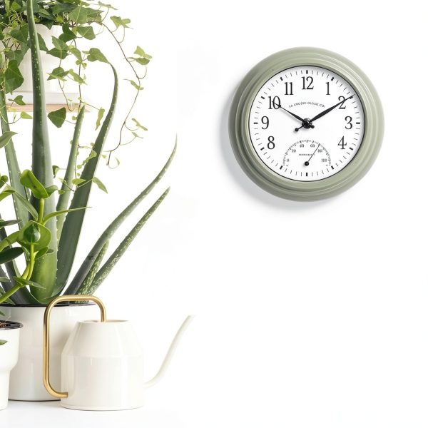 La Crosse Clock 433-3020 8-inch Indoor/Outdoor Sage Green Quartz Wall Clock with Temperature-4