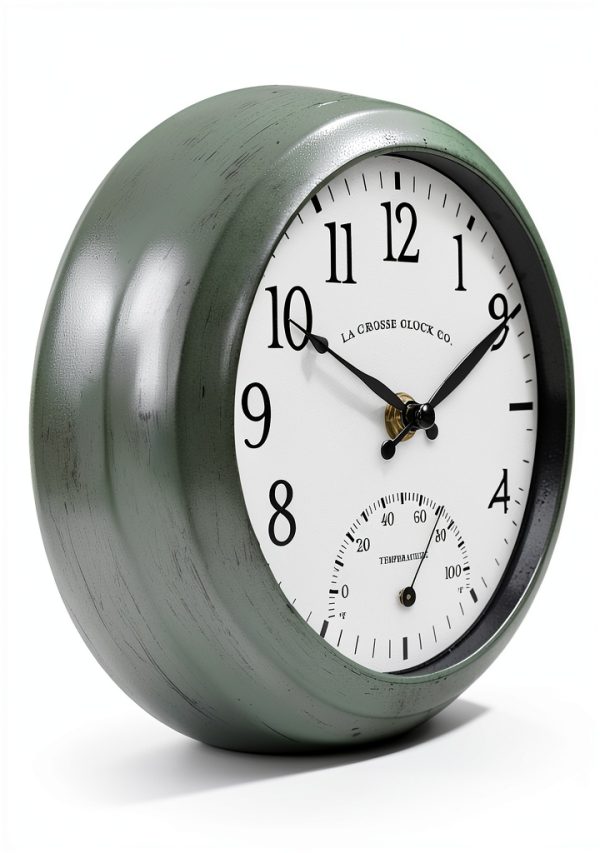 La Crosse Clock 433-3020 8-inch Indoor/Outdoor Sage Green Quartz Wall Clock with Temperature-1