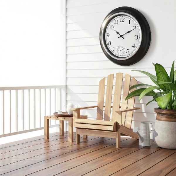 JoFomp Large Waterproof Outdoor Clock with Thermometer Combo - 18 inch Silent Non Ticking Quartz Battery Operated Wall Clock for Patio, Home, Pool, Garden, Porch, Deck (Silver, 18 Inch)-1