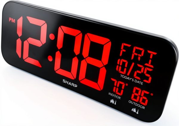 Sharp Large Oversized Screen LED Clock with Outdoor/Indoor Temperature with Outdoor Sensor, with Date and Day of Week – 14 inch Clock with 4 inch Digits-1
