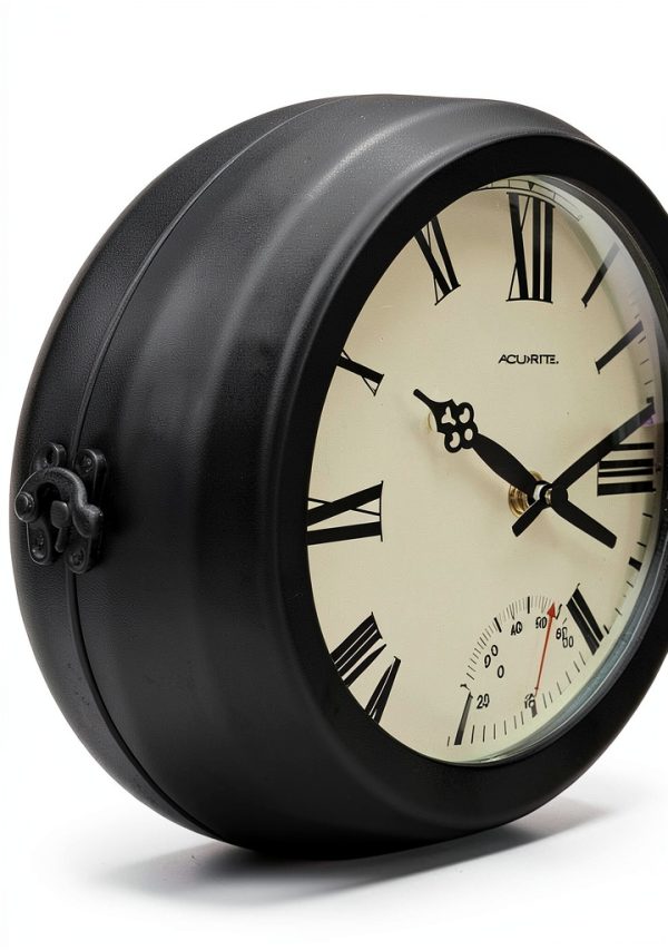 AcuRite 9-Inch Indoor/Outdoor Double-Sided Hanging Clock with 360-Degree Spin Functionality, Iron Metal Frame, Glass Lens, Quartz Crystal Movement, Weatherproof and Premium Thermometer (75140M),Black-6