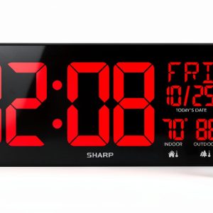 Sharp Large Oversized Screen LED Clock with Outdoor/Indoor Temperature with Outdoor Sensor, with Date and Day of Week – 14 inch Clock with 4 inch Digits-0