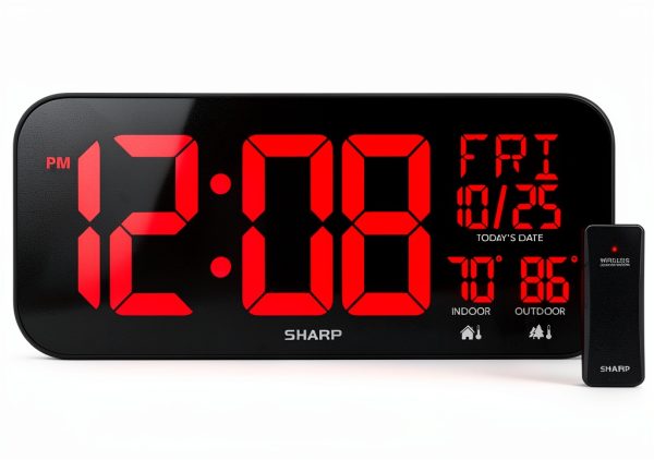 Sharp Large Oversized Screen LED Clock with Outdoor/Indoor Temperature with Outdoor Sensor, with Date and Day of Week – 14 inch Clock with 4 inch Digits-0
