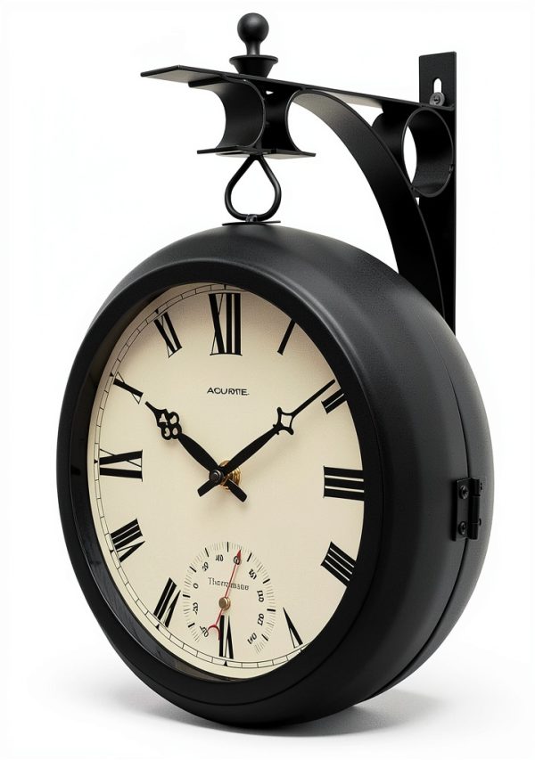 AcuRite 9-Inch Indoor/Outdoor Double-Sided Hanging Clock with 360-Degree Spin Functionality, Iron Metal Frame, Glass Lens, Quartz Crystal Movement, Weatherproof and Premium Thermometer (75140M),Black-1