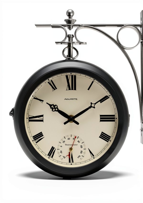 AcuRite 9-Inch Indoor/Outdoor Double-Sided Hanging Clock with 360-Degree Spin Functionality, Iron Metal Frame, Glass Lens, Quartz Crystal Movement, Weatherproof and Premium Thermometer (75140M),Black-3