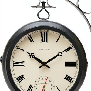 AcuRite 9-Inch Indoor/Outdoor Double-Sided Hanging Clock with 360-Degree Spin Functionality, Iron Metal Frame, Glass Lens, Quartz Crystal Movement, Weatherproof and Premium Thermometer (75140M),Black-0