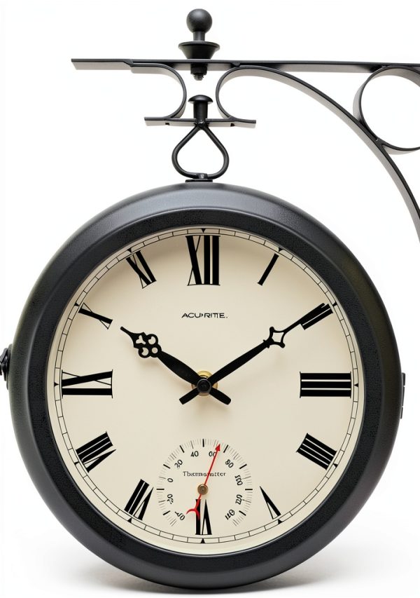 AcuRite 9-Inch Indoor/Outdoor Double-Sided Hanging Clock with 360-Degree Spin Functionality, Iron Metal Frame, Glass Lens, Quartz Crystal Movement, Weatherproof and Premium Thermometer (75140M),Black-0